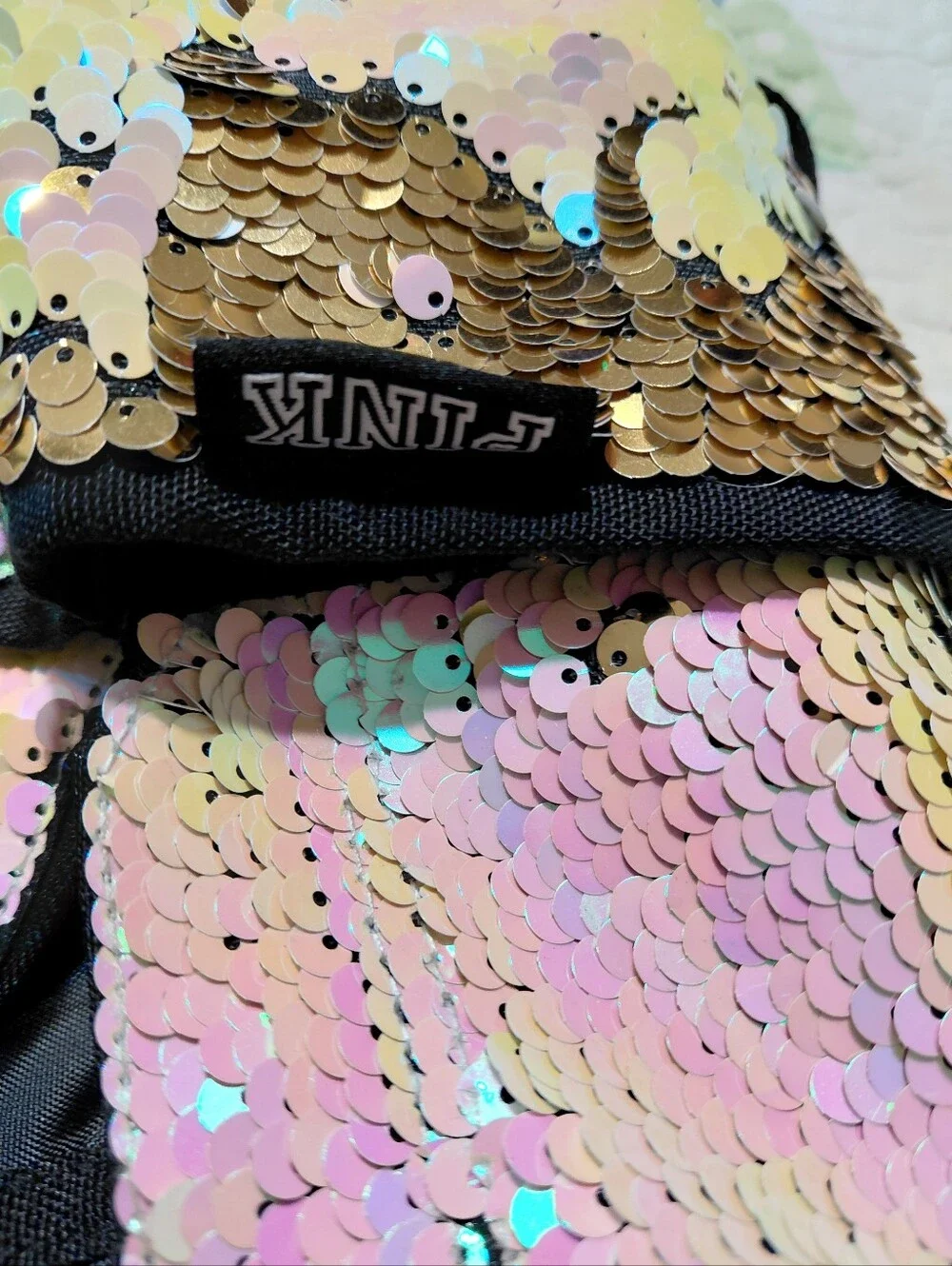 Victoria's Secret Pink Gold Black Iridescent Flip Sequin Bling Campus Backpack